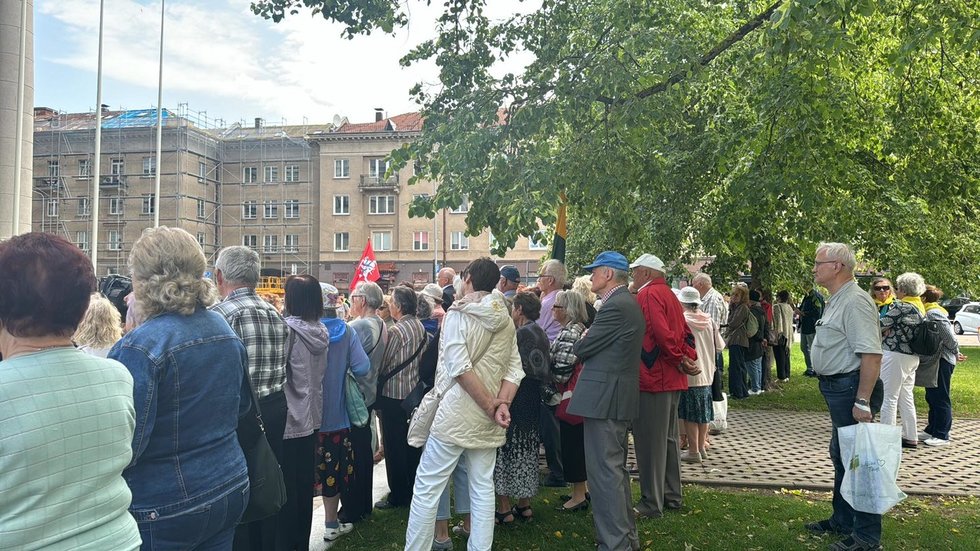Senjorai prie Seimo stovėjo su plakatais „premjere, ar galėtum išgyventi iš 445 Eur / mėn?“, „Mūsų pensijos – o „Sodros“ rezerve 3 mlrd. EUR“ (nuotr. tv3.lt)