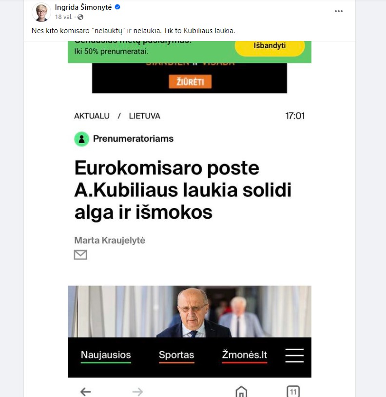 Ingridos Šimonytės įrašas. Socialinių tinklų nuotrauka