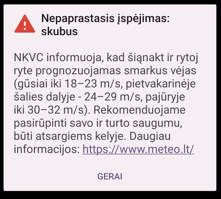 Įspėjimas apie vėją (nuotr. facebook.com)