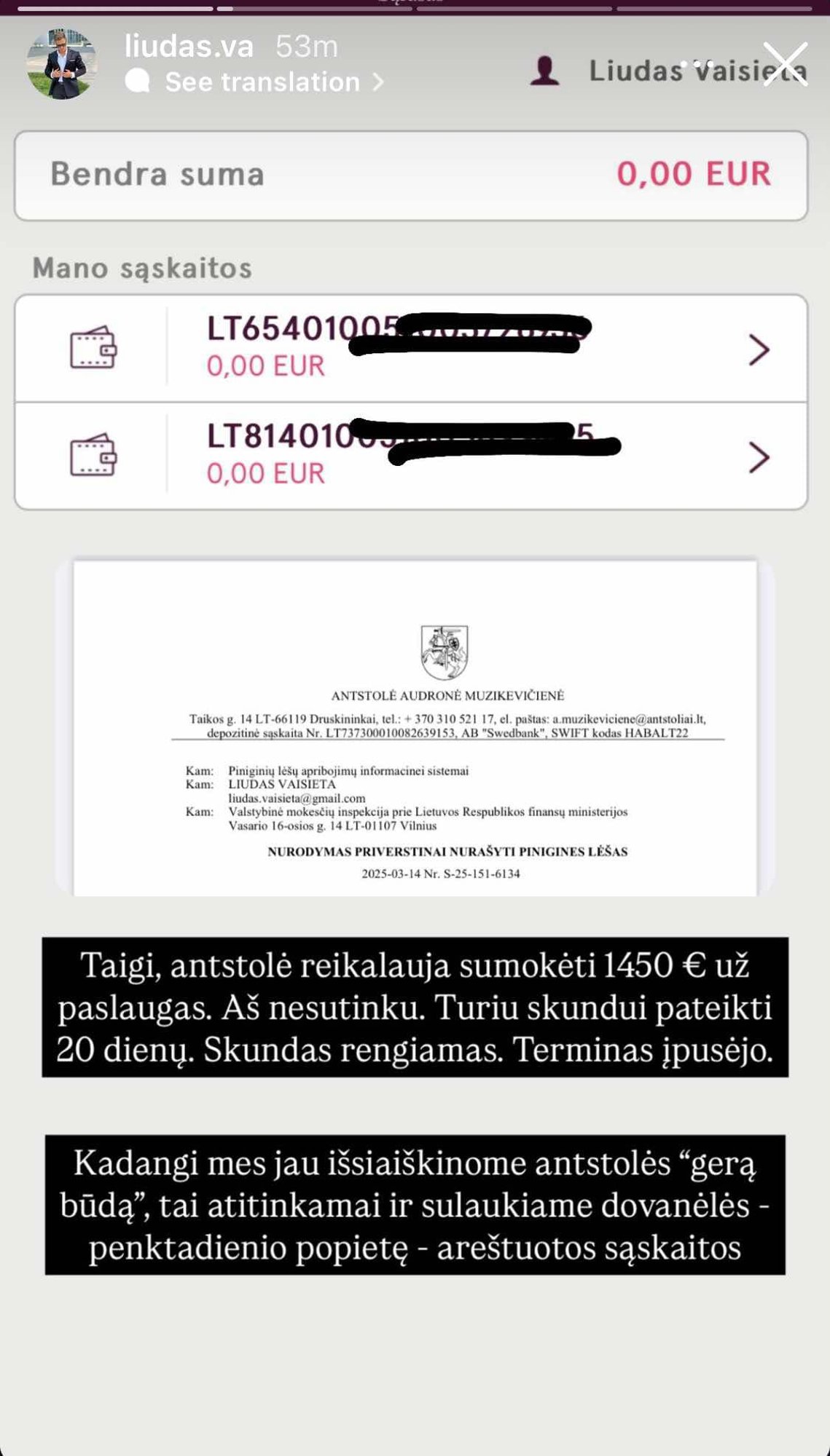Liudui Vaisietai areštuotos sąskaitos
