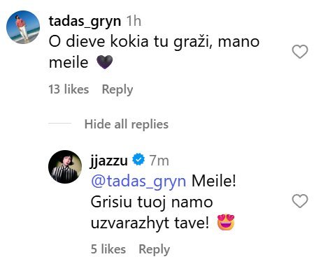 Justė Arlauskaitė-Jazzu, Tadas Gryn (nuotr. Instagram) Justė Arlauskaitė-Jazzu, Tadas Gryn (nuotr. Instagram)