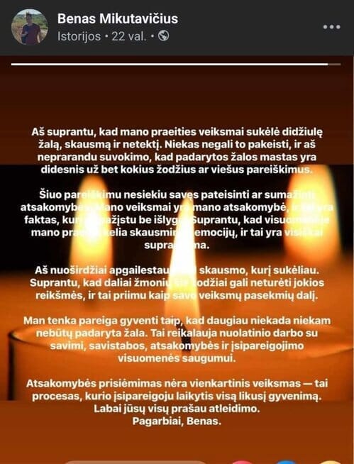 Beno Mikutavičiaus netikros paskyros atsiprašymas (nuotr. facebook.com) Beno Mikutavičiaus netikros paskyros atsiprašymas (nuotr. facebook.com)
