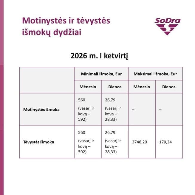 Motinystės ir tėvystės išmokų dydžiai Motinystės ir tėvystės išmokų dydžiai